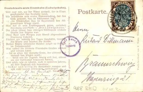 Künstler Ak Nürnberg, Fürth, Erste Deutsche Eisenbahn Adler, 1835
