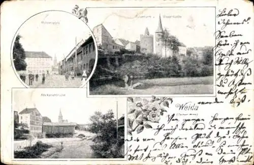Ak Weida in Thüringen,  W亥heimsplatz, Alte Katschbrücke, Pulverturm u. Wiedenkirche