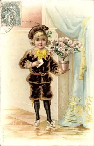 Ak Kind mit Blume im Blumentopf und Brief, Portrait, Blütenduft