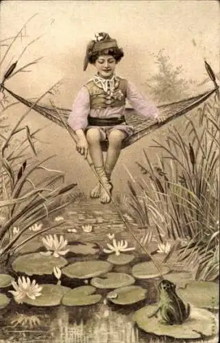 Künstler Ak Junge auf einer Hängematte, Teich, Frosch