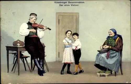 Ak Altenburger Bauerntrachten, Geiger, Kinder beim Tanz, Der erste Walzer