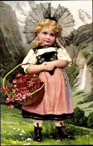 Ak Mädchen, Portrait, Kitsch, Blumenkorb, Berge, Tracht