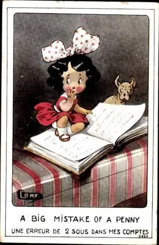 Künstler Ak Left, Mädchen liest ein Buch, Hund, A Big Mistake of a Penny