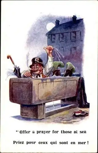 Künstler Ak Rauchender Mann badet in der Stadt, Regenschirm, Hut, Zigarette