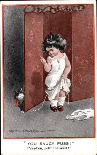 Künstler Ak Spurgin, Fred, Du neugieriger Peter, Mädchen, Katze