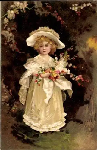 Litho Glückwunsch Geburtstag, Mädchen in weißem Kleid, Hut, Blumenstrauß