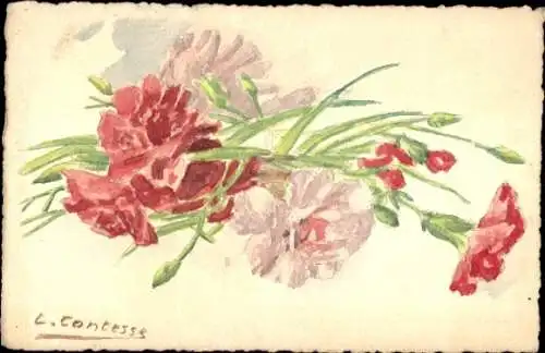 Handgemalt Künstler Ak Rote Blumen