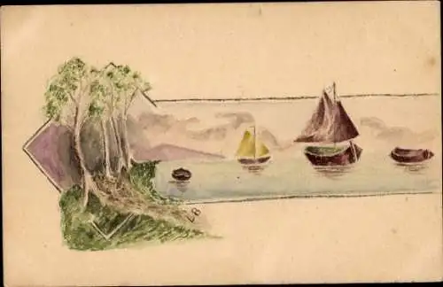 Handgemalt Künstler Ak Segelboote, Bäume, See