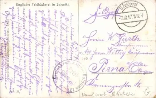 Ak Englische Feldbäckerei in Saloniki, I. WK