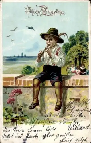 Litho Glückwunsch Pfingsten, Junge spielt Flöte