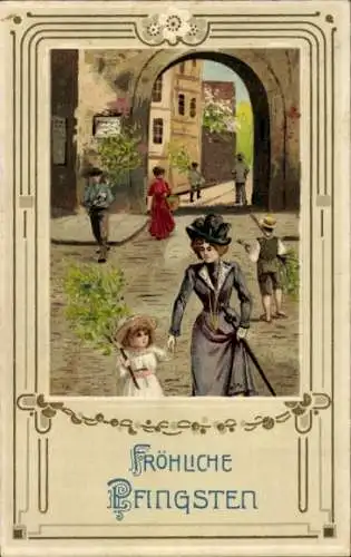 Künstler Litho Mailick, Glückwunsch Pfingsten, Mutter mit Kind, Birkenzweige