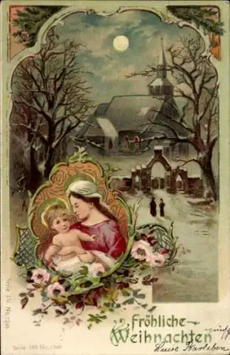 Präge Litho Glückwunsch Weihnachten, Kirche bei Nacht, Mond, Maria mit Jesuskind