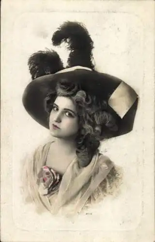 Präge Ak Portrait einer Frau, Hut mit Federn