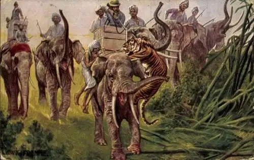 Künstler Ak Fromme, Ludwig, Männer auf der Tigerjagd, Elefanten