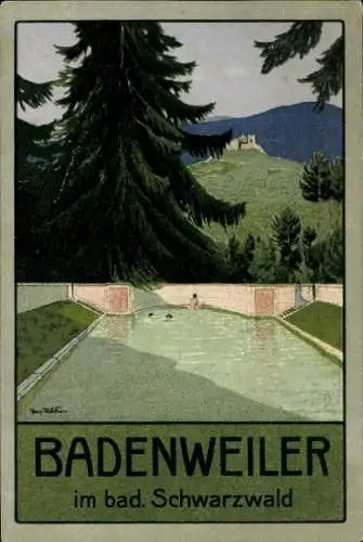 Künstler Ak Badenweiler im badischen Schwarzwald, Schwimmbecken
