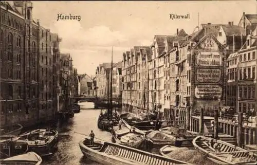 Ak Hamburg, Fleet bei Küterwall, Häuserreihe mit liegenden Booten