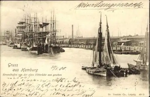 Ak Hamburg Mitte Altstadt, Strandhafen von der alten Elbbrücke aus gesehen