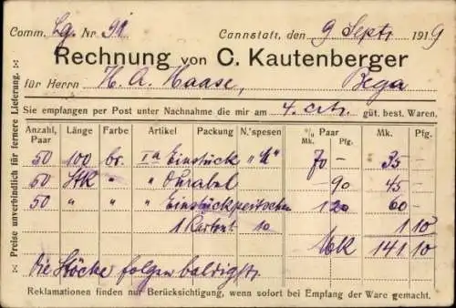 Ak Bad Cannstatt Stuttgart in Württemberg, Rechnung von C. Kautenberger