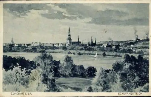 Künstler Ak Siegel, R., Zwickau in Sachsen, Panorama mit Schwanenteich