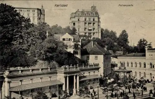 Ak Karlovy Vary Karlsbad Stadt, Mühlbrunnen Kolonnade,  Felsenquelle, Villa