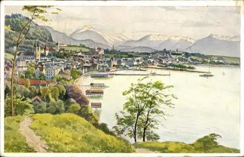 Ak Bregenz am Bodensee Vorarlberg, Blick auf den Bodensee, bewaldete Berge im Hintergrund, Ufe...