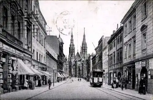 Ak Legnica Liegnitz Schlesien, Goldberger Straße, Straßenbahn, Geschäfte