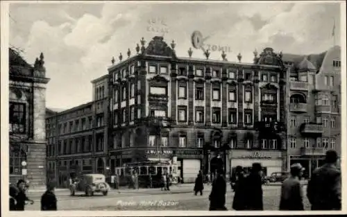 Ak Poznań Posen, Hotel Bazar, Octomil Reklameschild, Straßenbahn, J. Wleklinski Bazar Poznanski