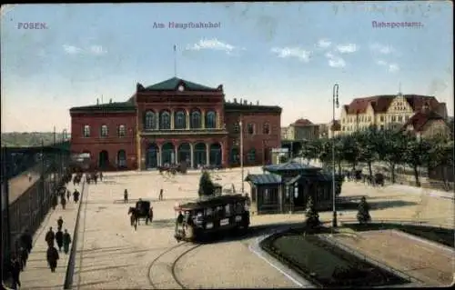 Ak Poznań Posen, Hauptbahnhof, Bahnpostamt, Straßenbahn