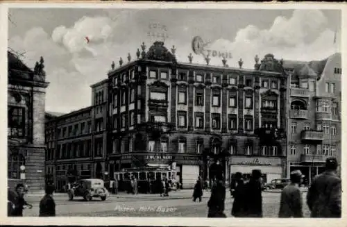 Ak Poznań Posen, Hotel Bazar, Octomil Reklameschild, Straßenbahn, J. Wleklinski Bazar Poznanski
