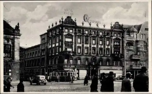 Ak Poznań Posen, Hotel Bazar, Octomil Reklameschild, Straßenbahn, J. Wleklinski Bazar Poznanski
