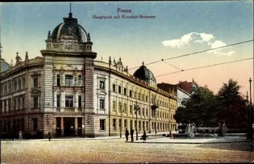 Ak Poznań Posen, Hauptpost mit Kronthal Brunnen