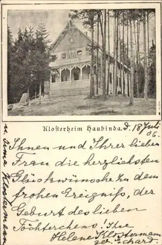 Ak Haubinda Westhausen in Thüringen, Klosterheim  charmantes Gebäude, umgeben von Bäumen