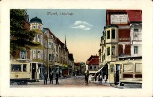 Ak Moers am Niederrhein, Steinstraße, Geschäft Krüger und Oberbeck Importe, Straßenbahn