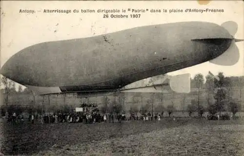 CPA Antony Hauts-de-Seine, Atterrissage du ballon dirigeable le Patrie, 1907
