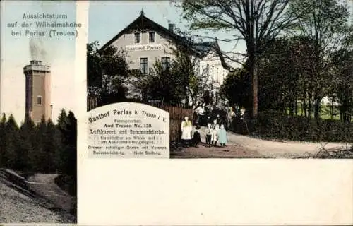 Ak Perlas Treuen im Vogtland, Gasthof Perlas, Aussichtsturm auf der Wilhelmshöhe