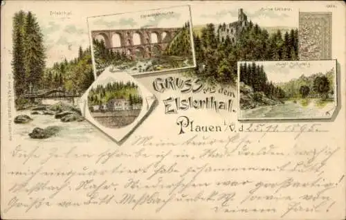 Litho Plauen im Vogtland, Triebthal, Ruine, Viadukt, Elstertalbrücke
