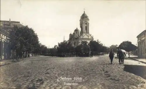 Ak Smederevo Semendria Serbien, Serbien 1916,  Kirche im Hintergrund, Kopfsteinpflasterstraße,...