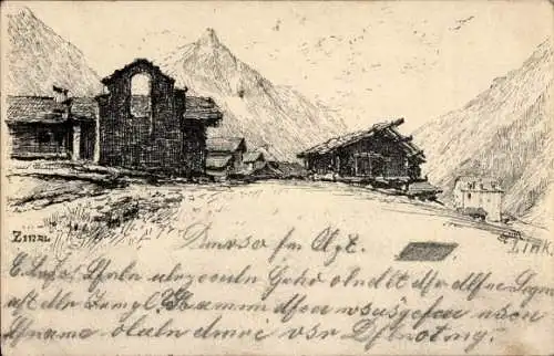 Künstler Ak Zinal Kanton Wallis, Teilansicht