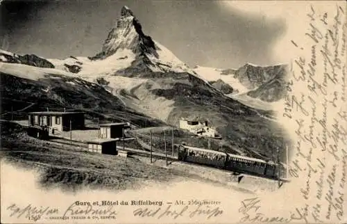 Ak Zermatt Kanton Wallis, Riffelalp, Riffelberg, Bahnhof und Hotel, Matterhorn
