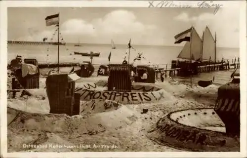 Ak Ostseebad Kellenhusen in Holstein, Strand mit Badegästen, Strandkörbe, Boote, Segelschiff, ...