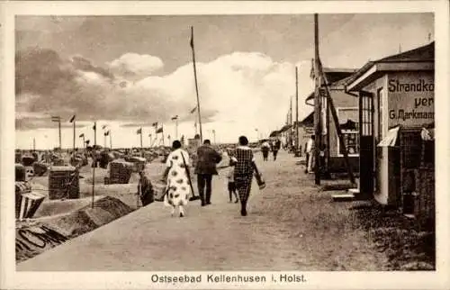 Ak Ostseebad Kellenhusen in Holstein, Strandansicht, Spaziergänger, Strandkörbe, Gebäude mit S...