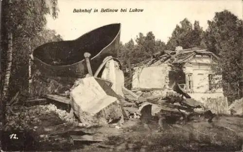 Ak Betinow bei Lukow Polen, Bahnhof, Kriegszerstörungen, I WK