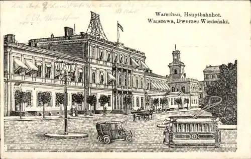 Ak Warszawa Warschau Polen, Zeichnung vom Warschauer Hauptbahnhof, alte Autos, Straßenlaternen