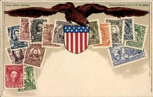 Briefmarken Wappen Ak USA, Amerikanische Fahne, Adler