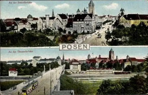 Ak Poznań Posen, An der Schlossbrücke, An der Theaterbrücke, Straßenbahn
