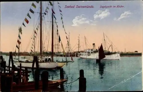 Ak Świnoujście Swinemünde Pommern, Segelyacht im Hafen