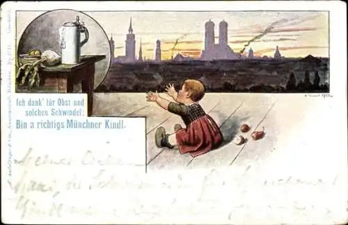Künstler Ak München, Stadtsilhouette, Münchner Kindl