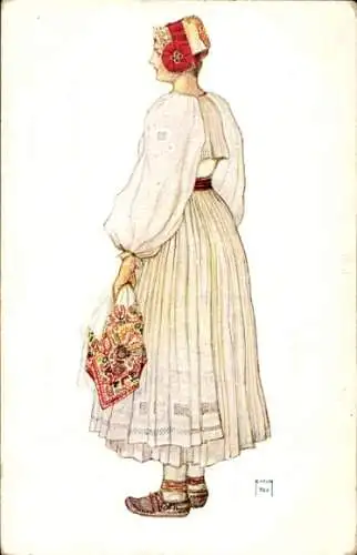 Künstler Ak Hrvatske Narodne Nosnje, Kroatische Volkstrachten, Bäuerin aus Sunja, Bezirk Petrinja