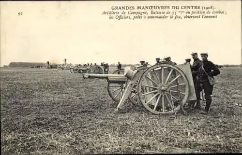 CPA Grandes Manoeuvres du Centre 1908, Artillere de Campagne, Batterie en position