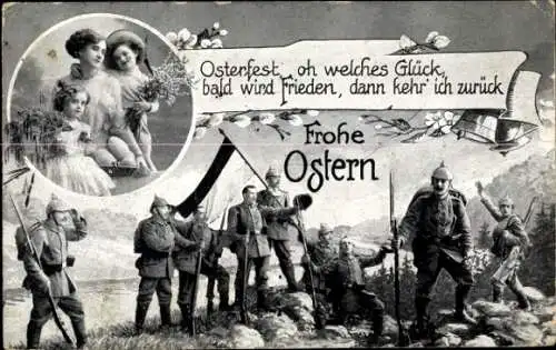 Ak Glückwunsch Ostern, Deutsche Soldaten, Familie, Weidenkätzchen